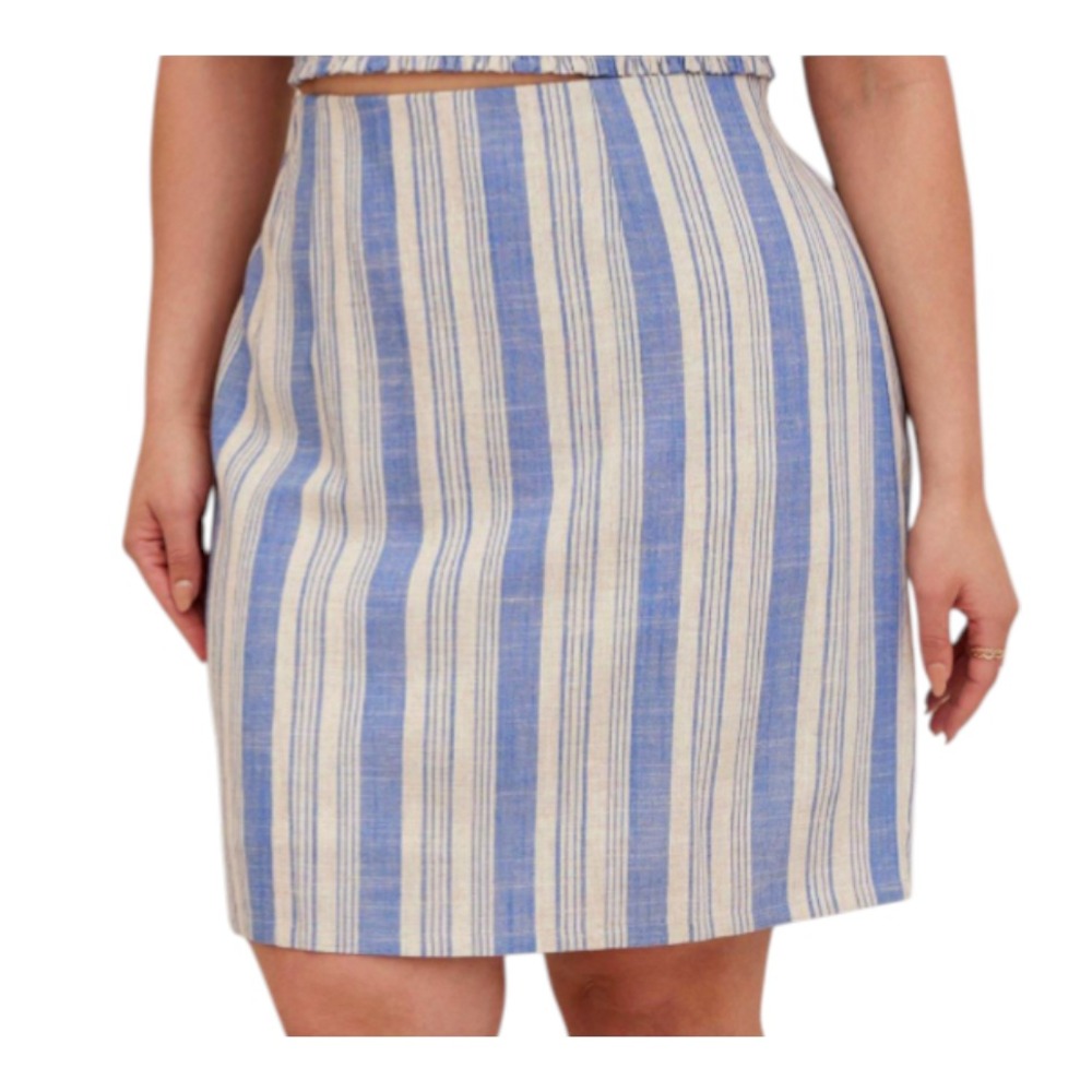 TORRID SKIRT Blue/Cream Chambray Stripes LINEN BLEND Elastic Back Lined 1X/1